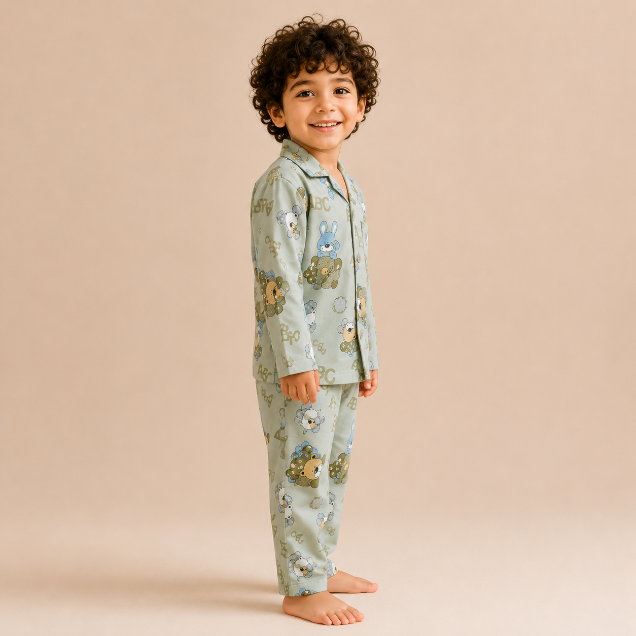 Kids Green Teddy Nightsuit