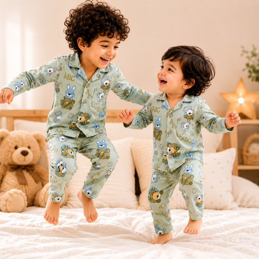 Kids Green Teddy Nightsuit