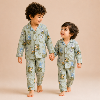 Kids Green Teddy Nightsuit
