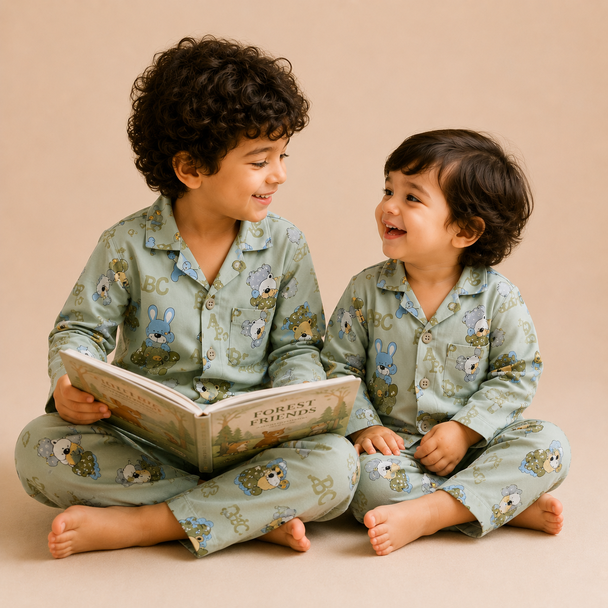 Kids Green Teddy Nightsuit