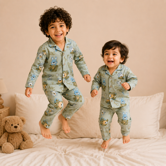 Kids Green Teddy Nightsuit