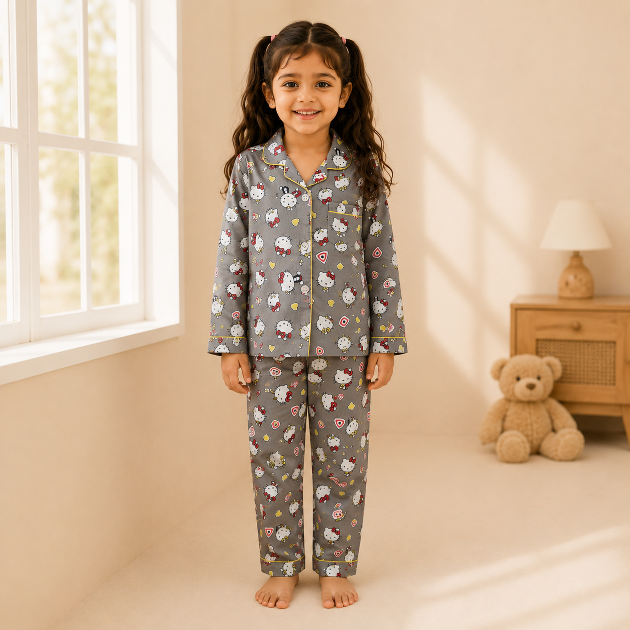 Girls Grey White Kittens Nightsuit