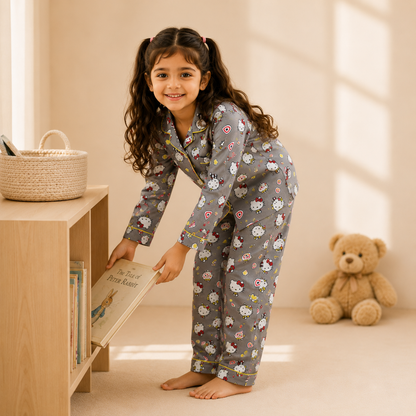 Girls Grey White Kittens Nightsuit