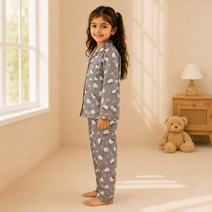 Girls Grey White Kittens Nightsuit